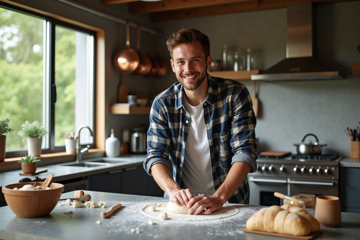 Jeune homme pétrissant la pâte à pain dans la cuisine
