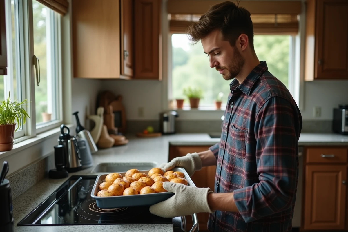 Jeune homme sortant pommes de terre du four dans la cuisine