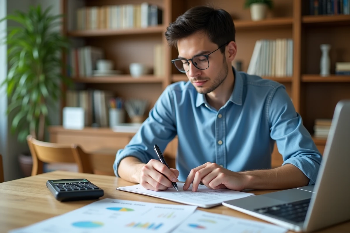 Jeune homme note ses recettes avec un ordinateur et des papiers