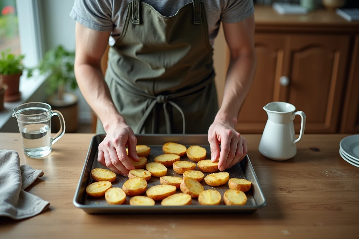 Jeune homme disposant des patates sur un plateau en cuisine