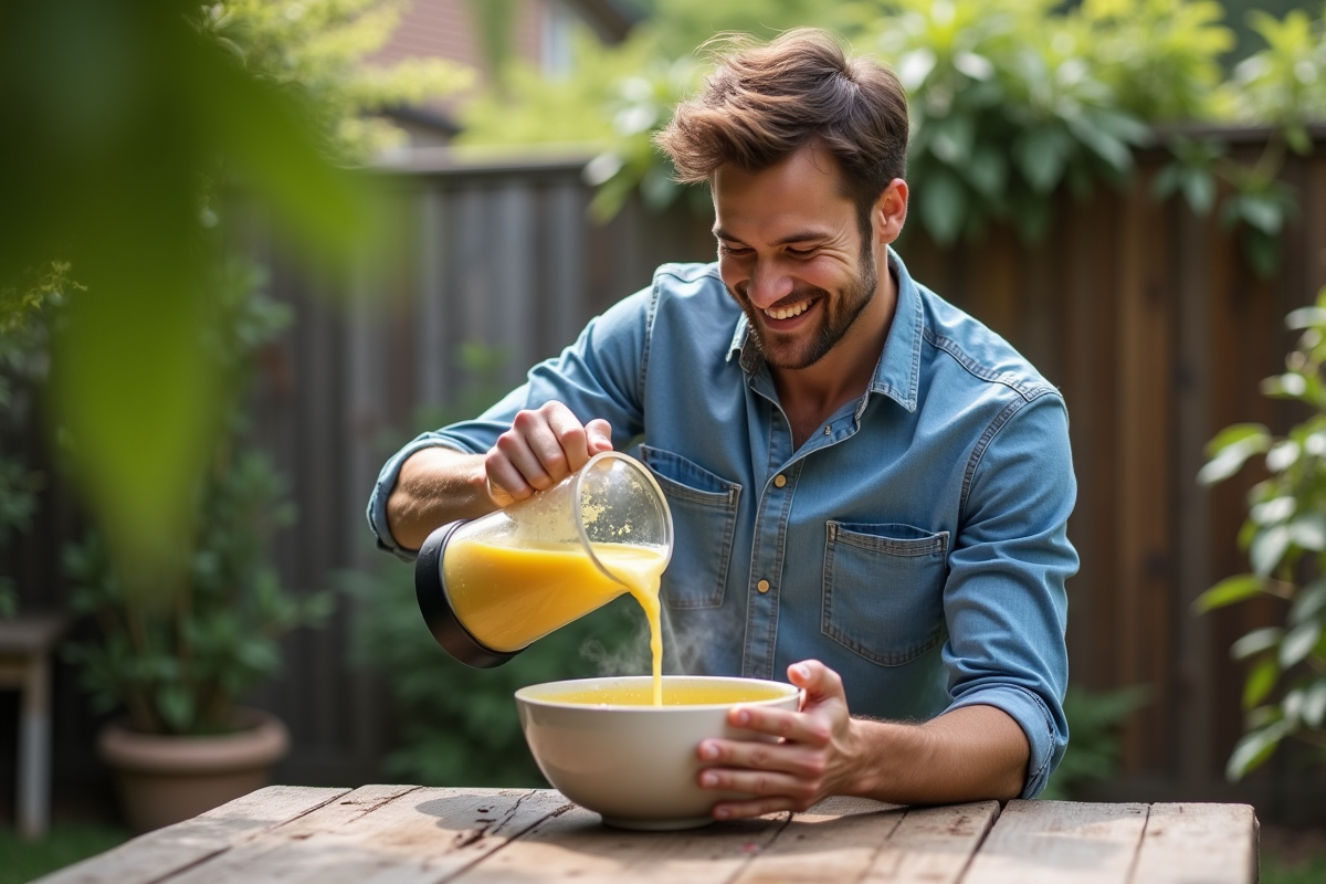 Jeune homme versant soupe dans un bol en extérieur