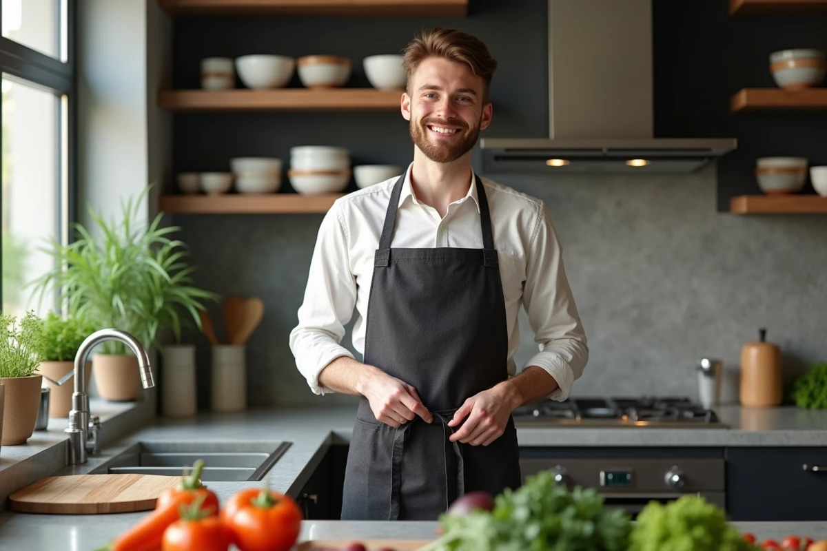 Jeune homme souriant en lien avec la cuisine moderne