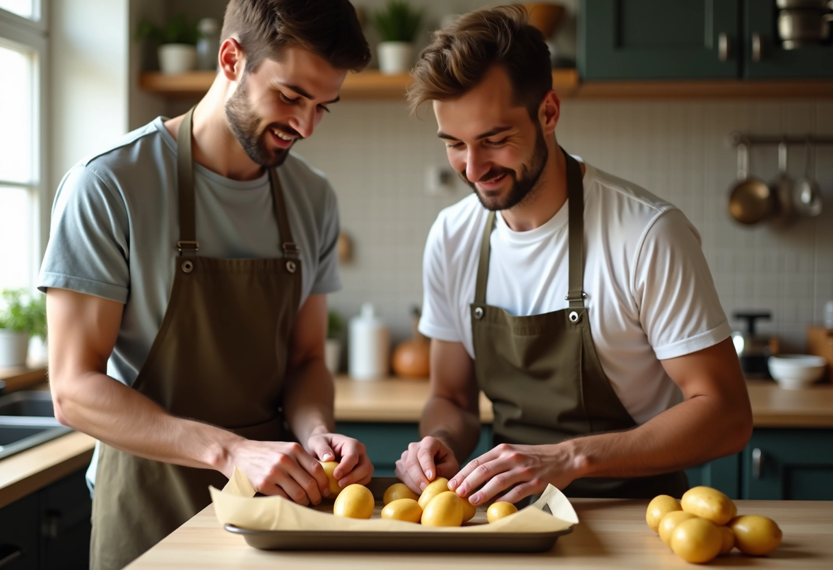 Jeunes hommes disposant des pommes de terre sur un plateau