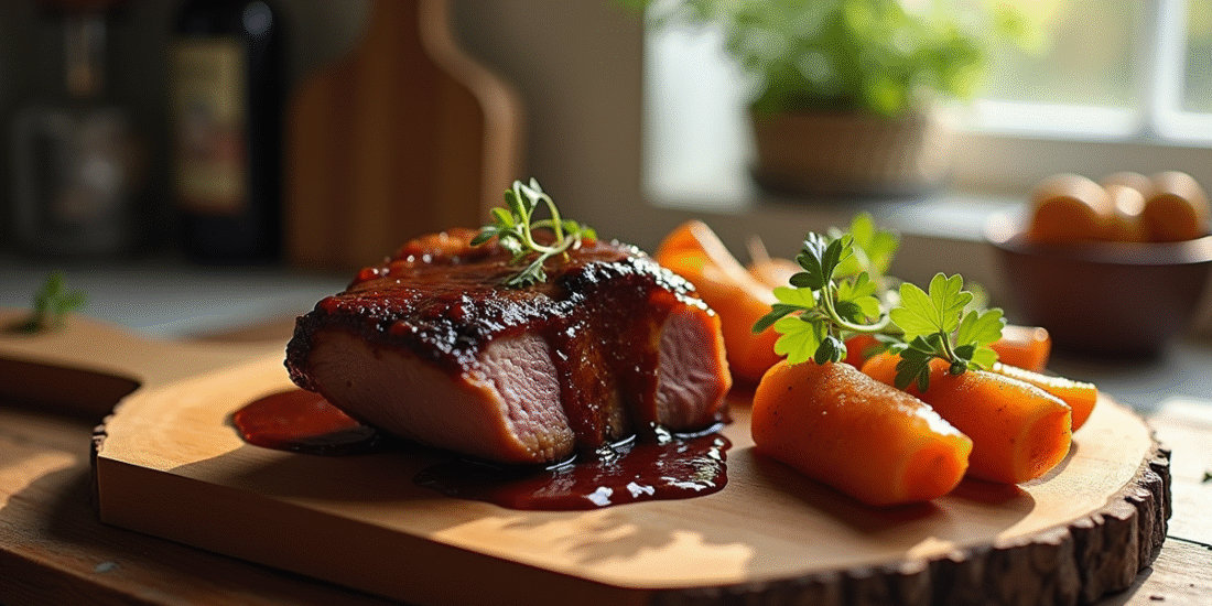 Joue de porc glacée avec sauce à la bière sur planche en bois