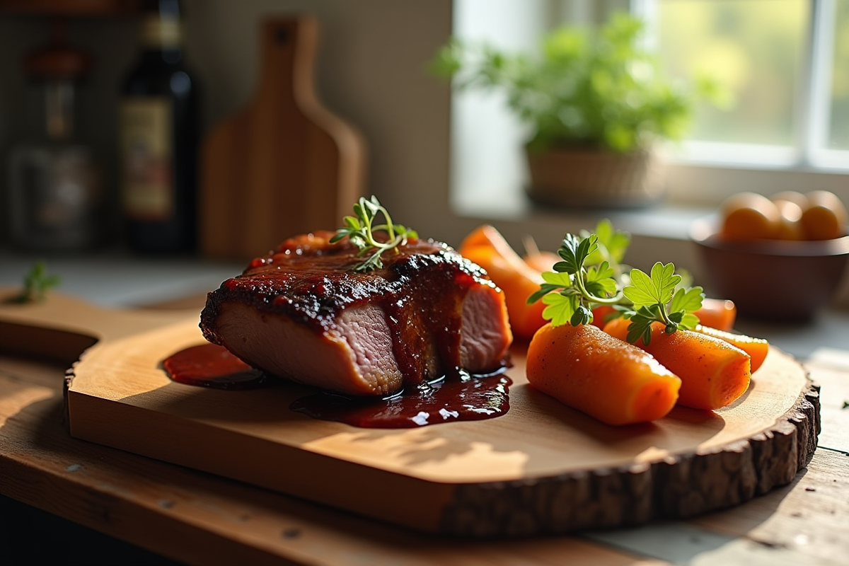 Joue de porc glacée avec sauce à la bière sur planche en bois