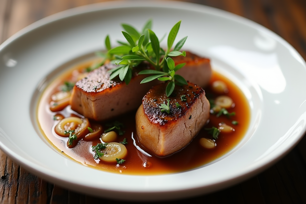 Joue de porc braisée avec herbes sur assiette blanche