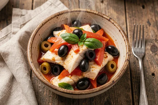 Bol en céramique rustique contenant une julienne de poisson à la tomate et aux olives noires, garnie de basilic frais, vue de dessus sur table en bois