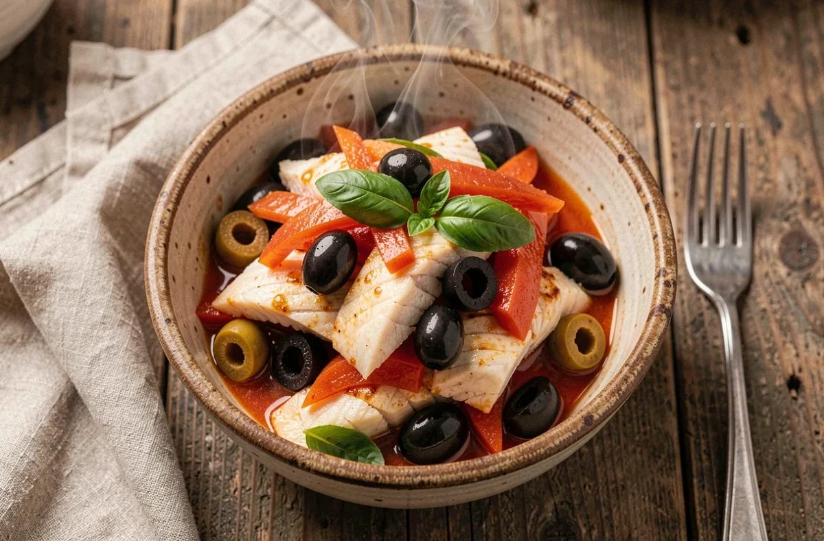 Bol en céramique rustique contenant une julienne de poisson à la tomate et aux olives noires, garnie de basilic frais, vue de dessus sur table en bois