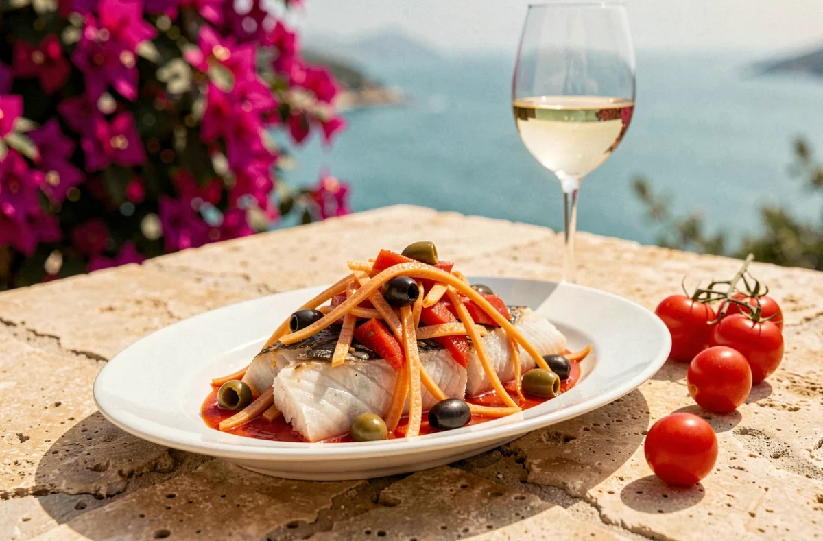 Assiette de julienne de poisson à la tomate et aux olives servie en extérieur sur une table en pierre, avec un verre de vin blanc et une vue sur la mer méditerranéenne