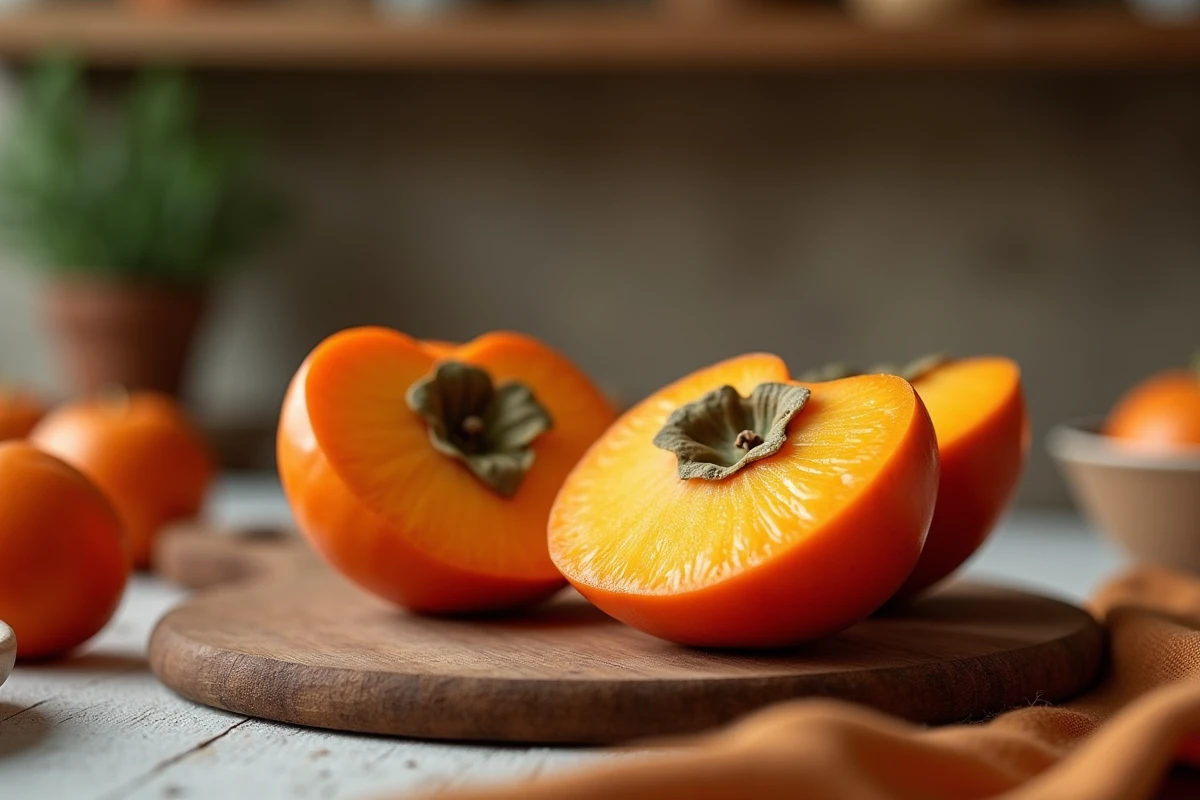 Kaki coupé en tranches sur une planche en bois rustique avec fruits entiers, idéal pour illustrer la consommation de kaki le soir