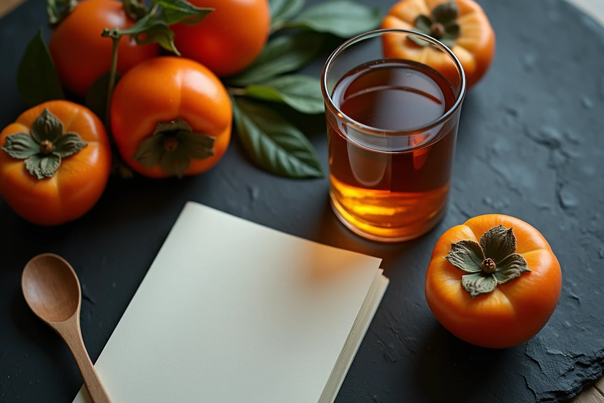 Composition à plat avec des kakis entiers et coupés, tisane et carnet de bien-être, évoquant la digestion nocturne du fruit kaki