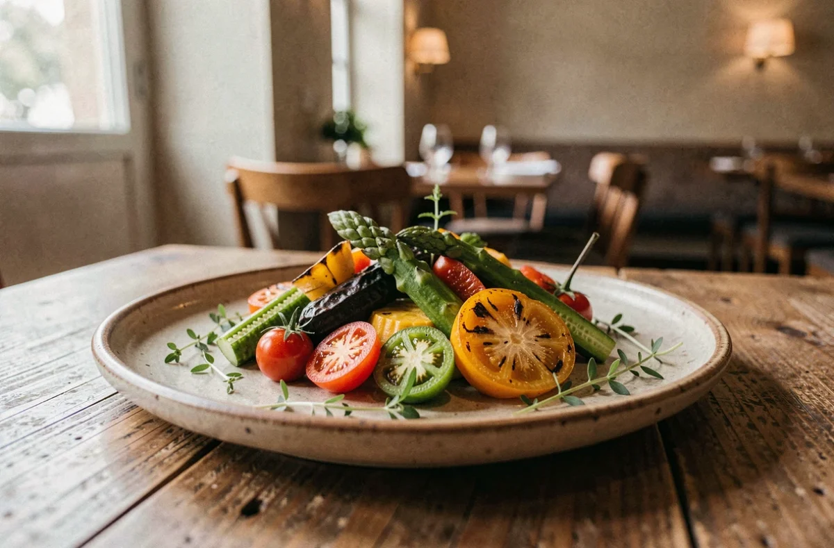 Assiette de légumes du jardin artistiquement dressée au restaurant L'Arpège à Paris