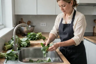 Femme lavant des épinards frais en grande quantité dans un évier de cuisine moderne avant cuisson et congélation