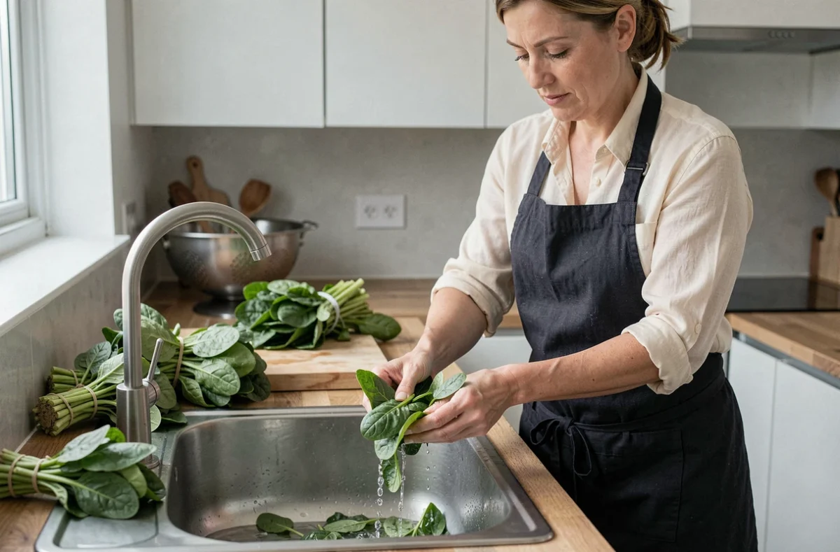 Femme lavant des épinards frais en grande quantité dans un évier de cuisine moderne avant cuisson et congélation