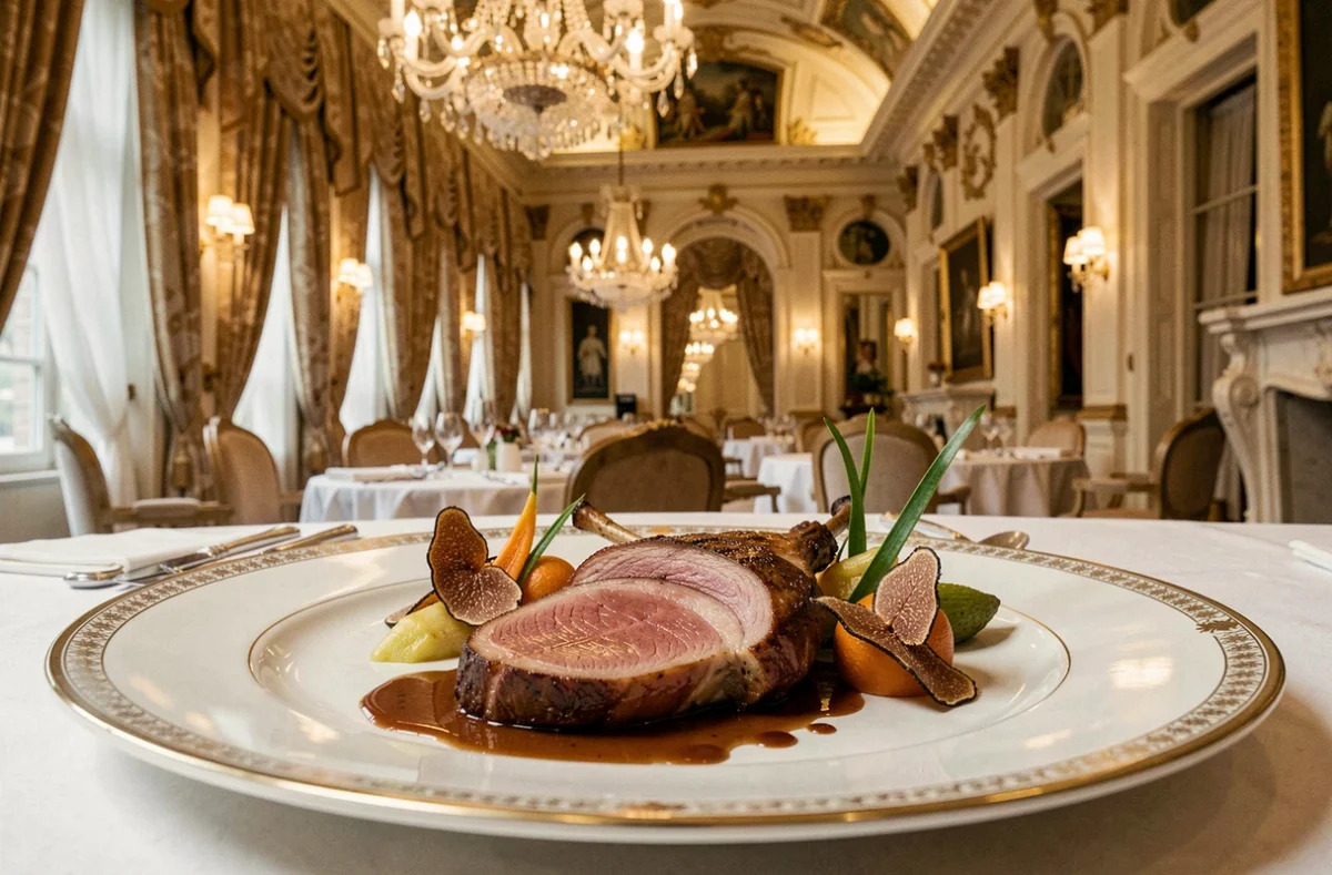 Assiette classique française raffinée au restaurant Le Cinq du Four Seasons Hotel George V à Paris