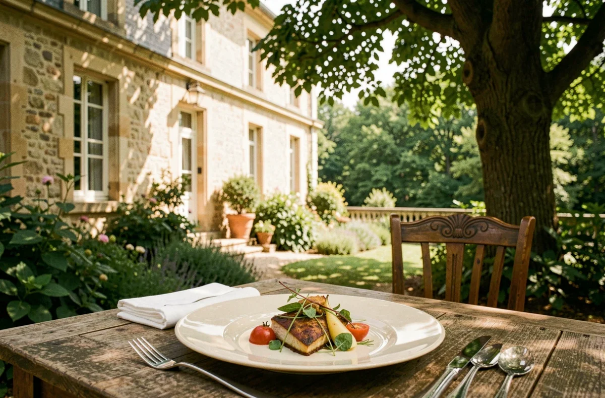 Table en terrasse du restaurant Le Corot à Barbizon avec cadre naturel forestier de la Forêt de Fontainebleau