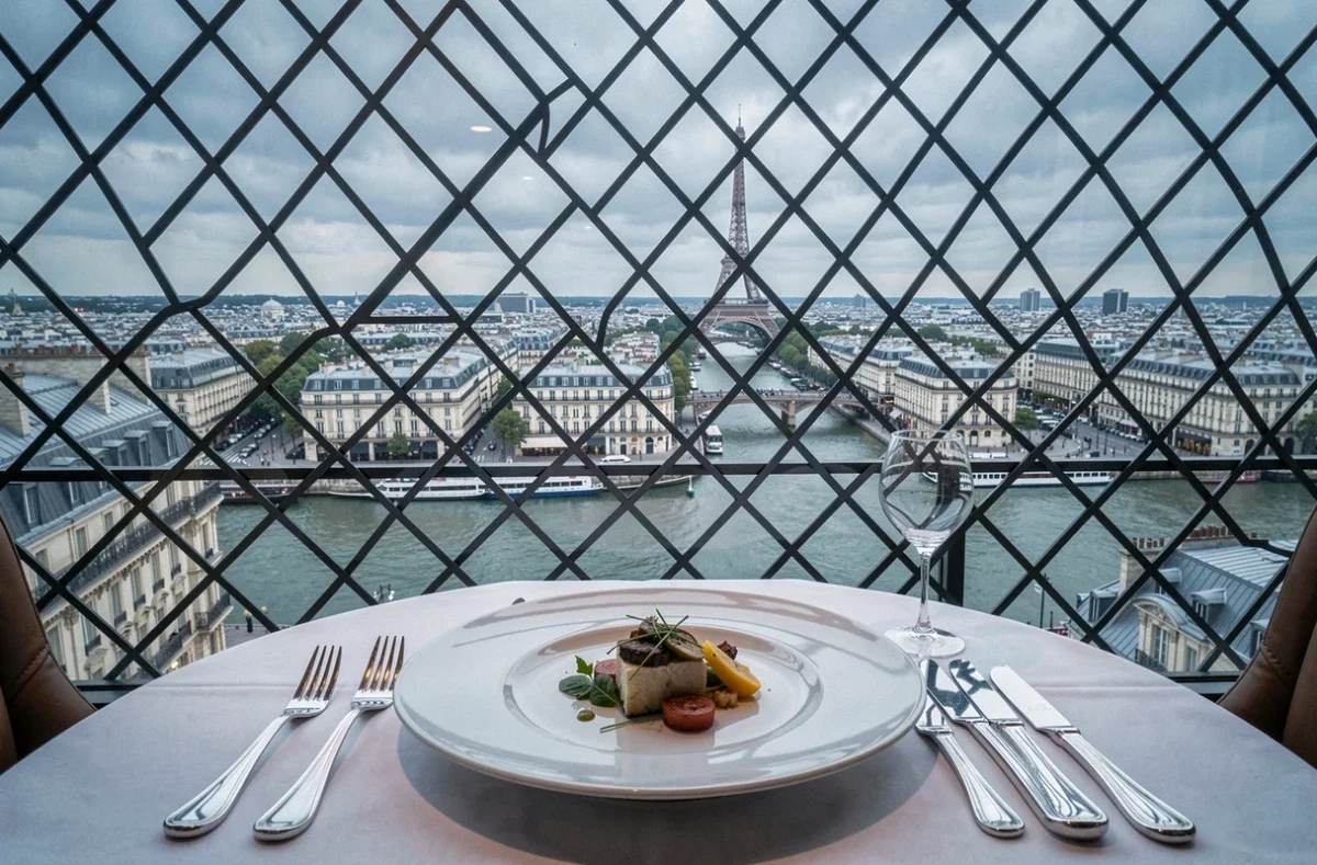 Table dressée au restaurant Le Jules Verne de la Tour Eiffel avec panorama parisien en arrière-plan