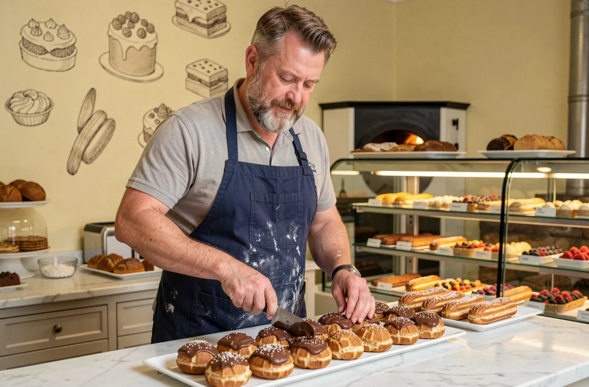 Boulanger-pâtissier Fred glaçant des religieuses artisanales sur un plan de travail en marbre dans sa boutique Les Délices de Fred