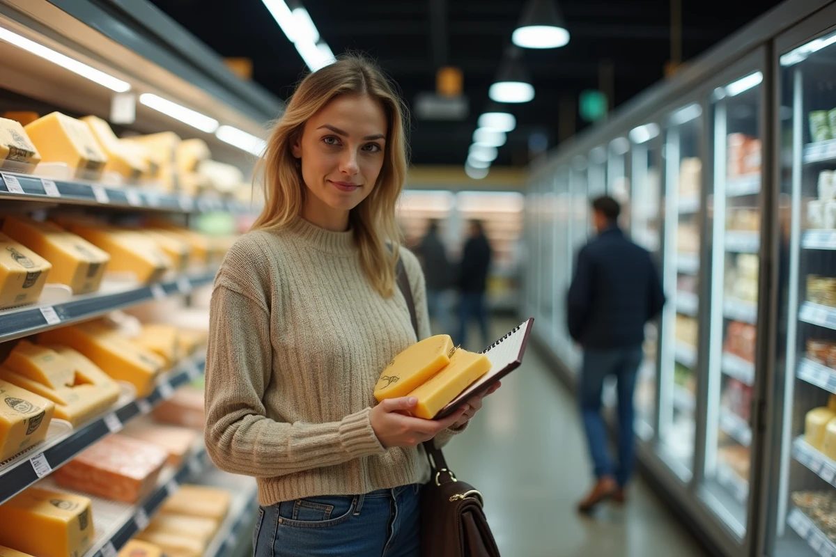 Femme faisant ses courses au supermarché avec une liste pour une raclette de 10 personnes, comparant des fromages à raclette