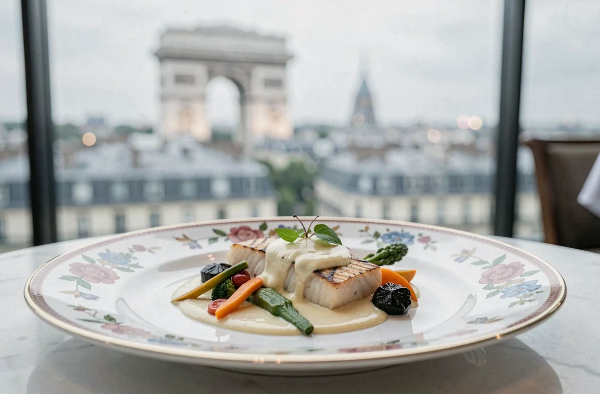 Plat gastronomique de L'Oiseau Blanc au Peninsula Paris avec vue sur les toits haussmanniens
