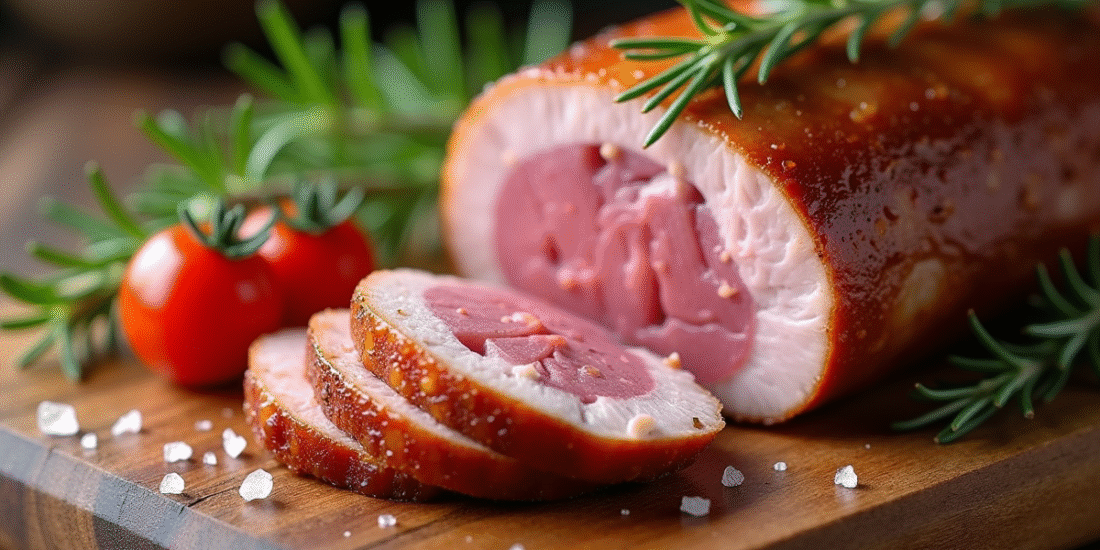 Magret de canard tranché sur planche en bois rustique
