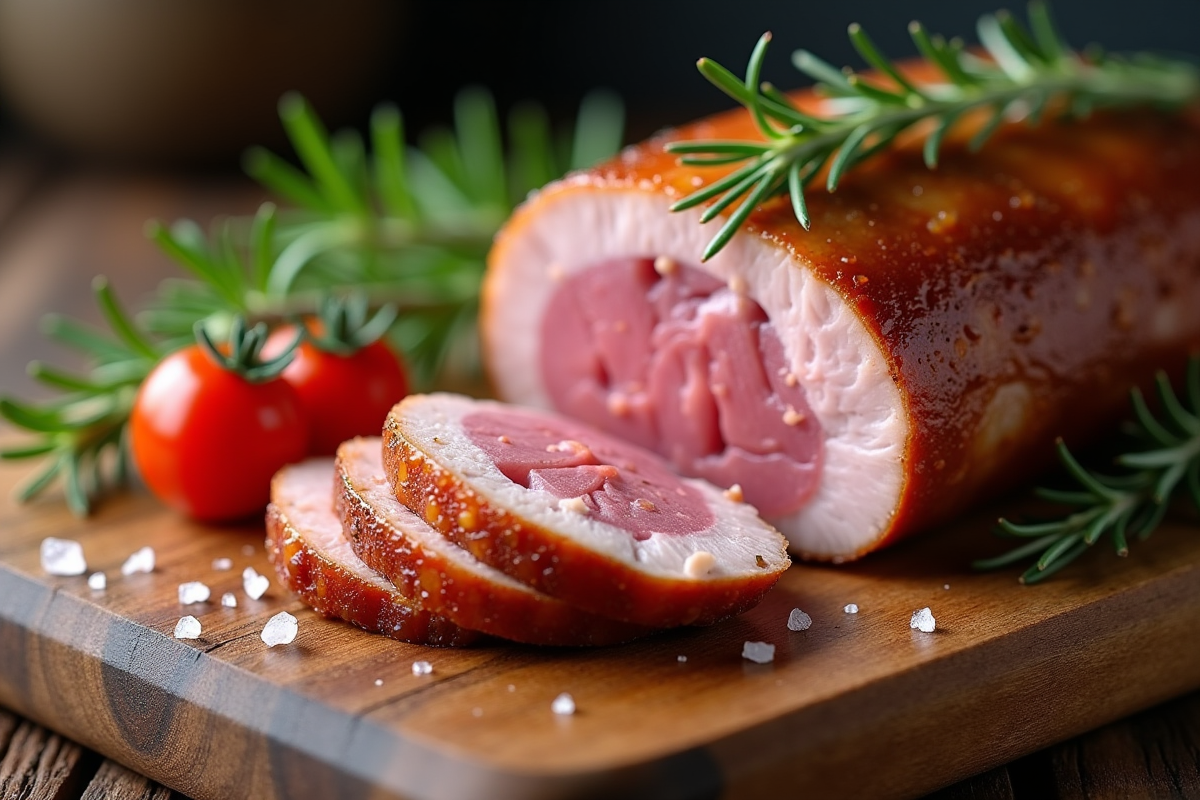 Magret de canard tranché sur planche en bois rustique
