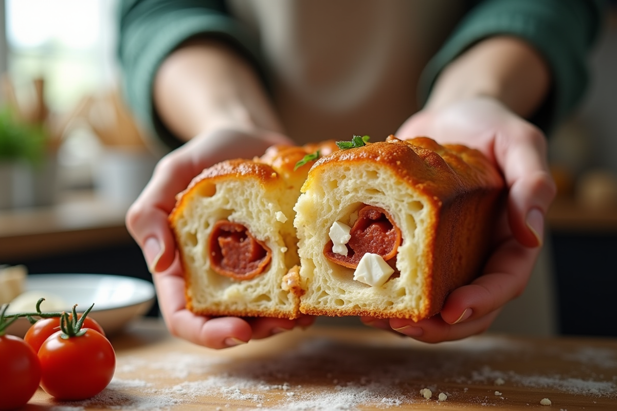 Mains tenant un gâteau salé avec chorizo et feta