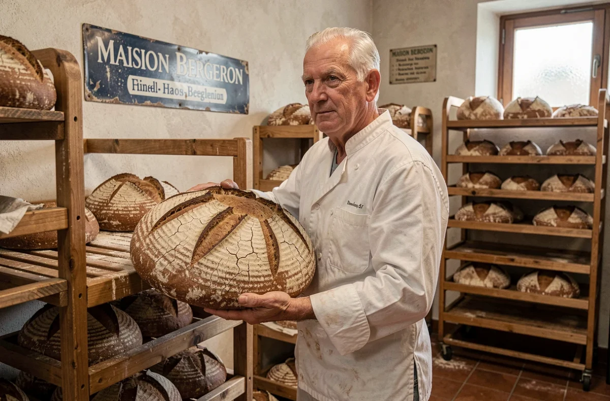 Boulanger expérimenté de la Maison Bergeron présentant un pain de campagne rond sur un étalage en bois dans une boulangerie traditionnelle parisienne