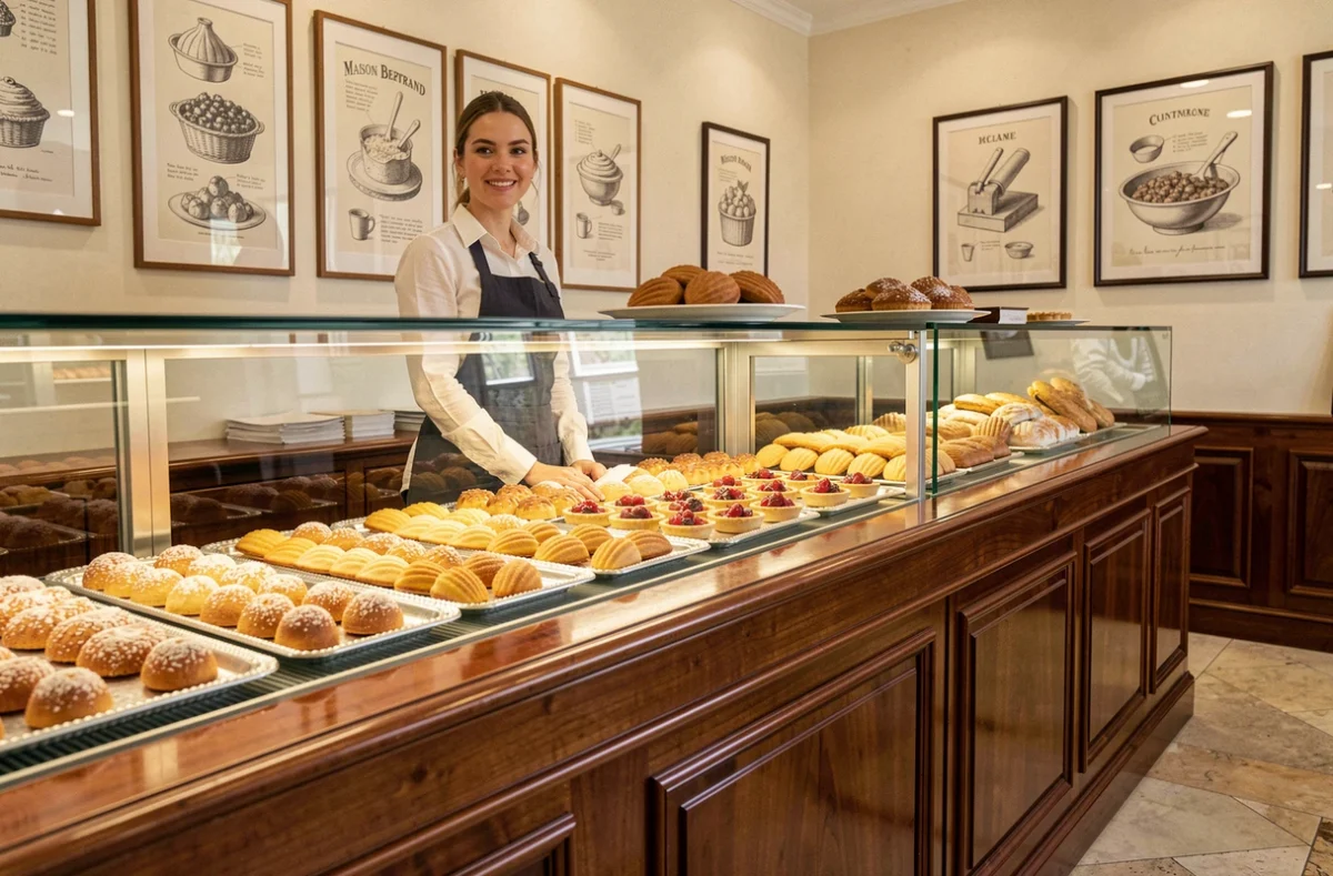 Comptoir de pâtisseries de la Maison Bertrand avec une vendeuse souriante derrière une vitrine garnie de financiers, madeleines et tartelettes aux fruits