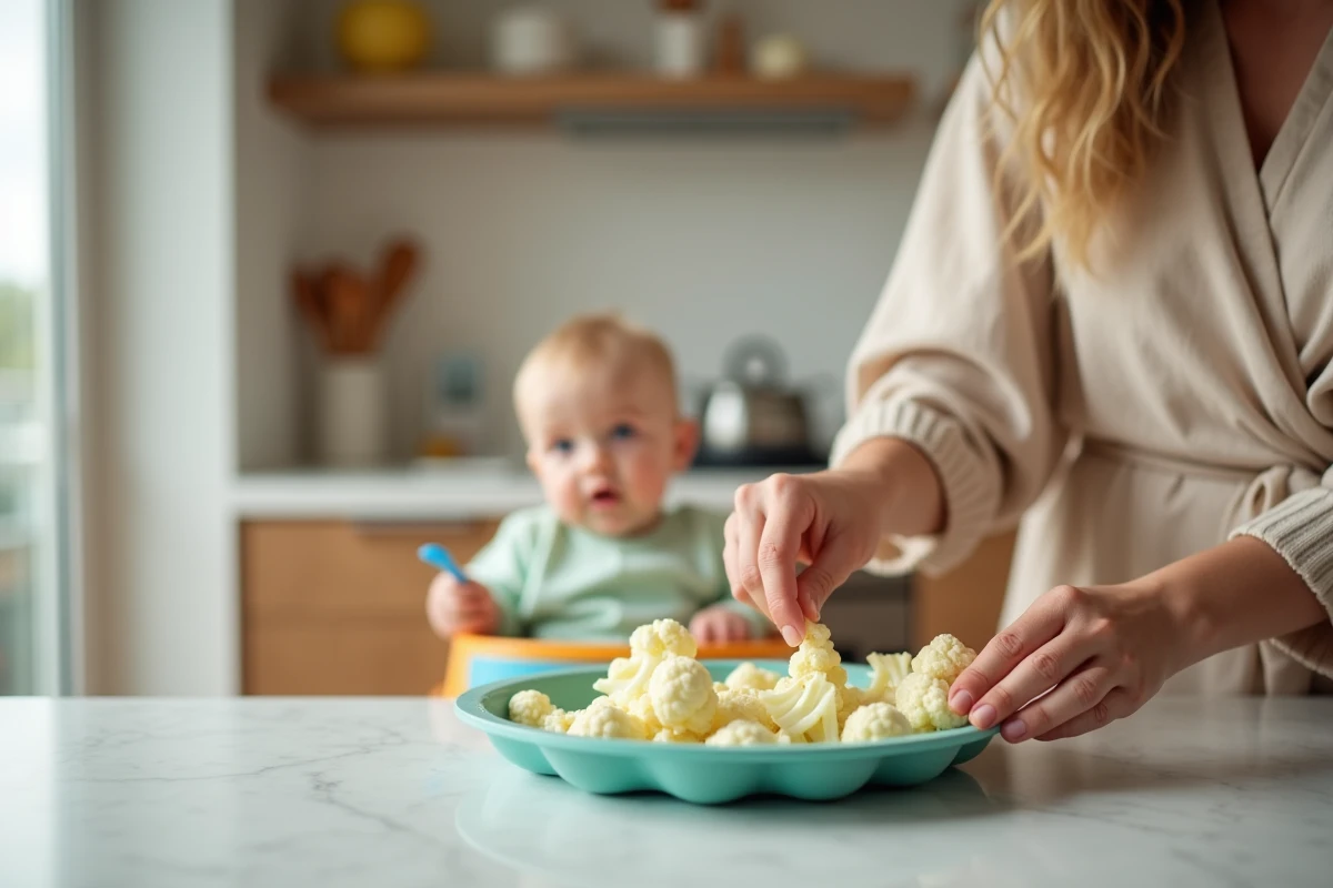 Maman préparant des florets de cauliflower pour bébé dans la cuisine