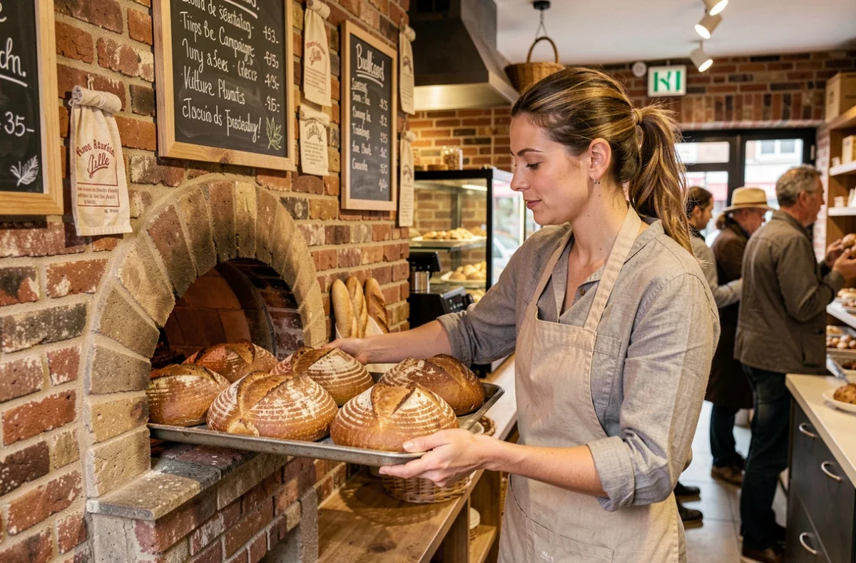 Boulangère sortant des pains du four dans la boulangerie Mamatte à Lille
