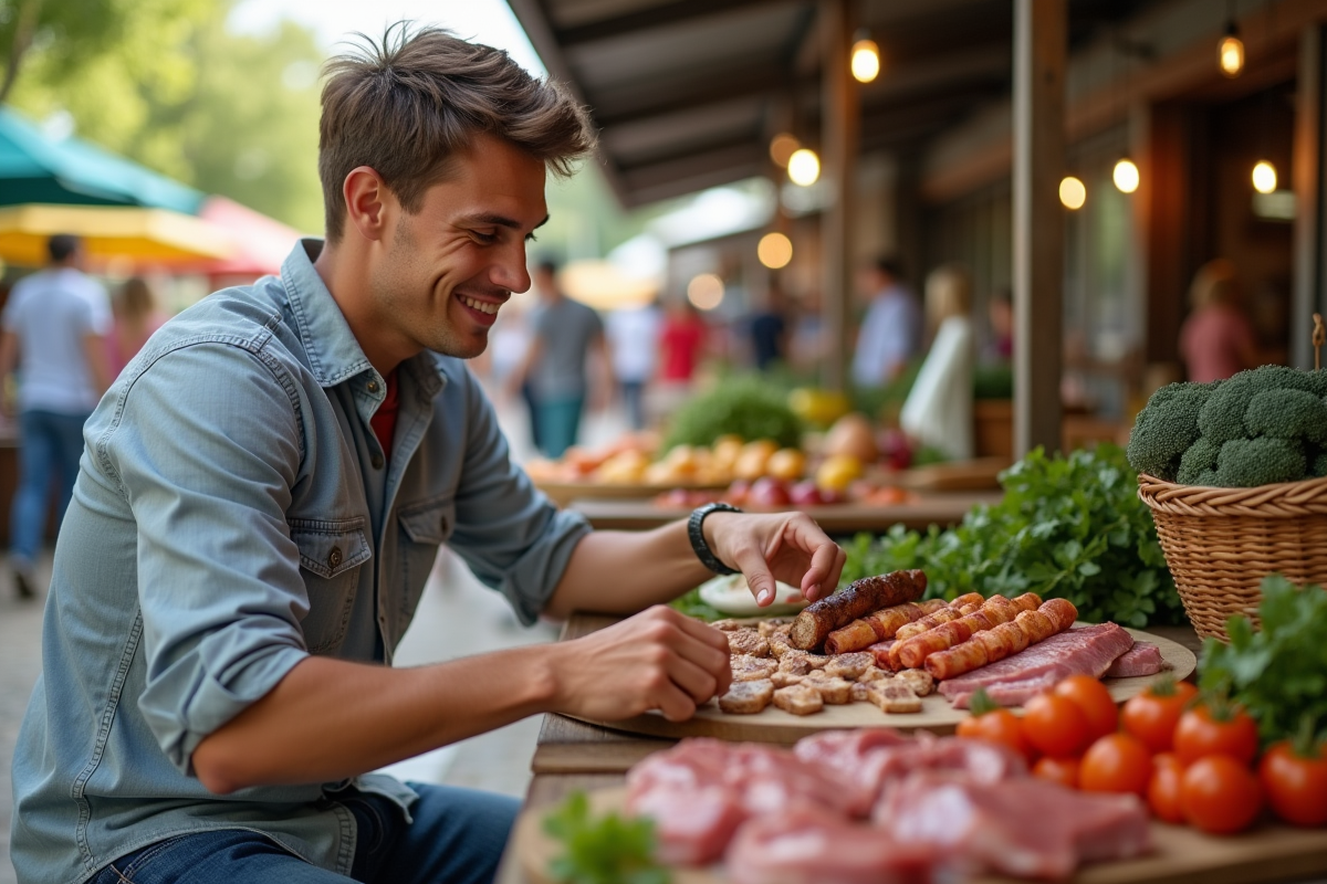 Jeune homme examinant des viandes au marché