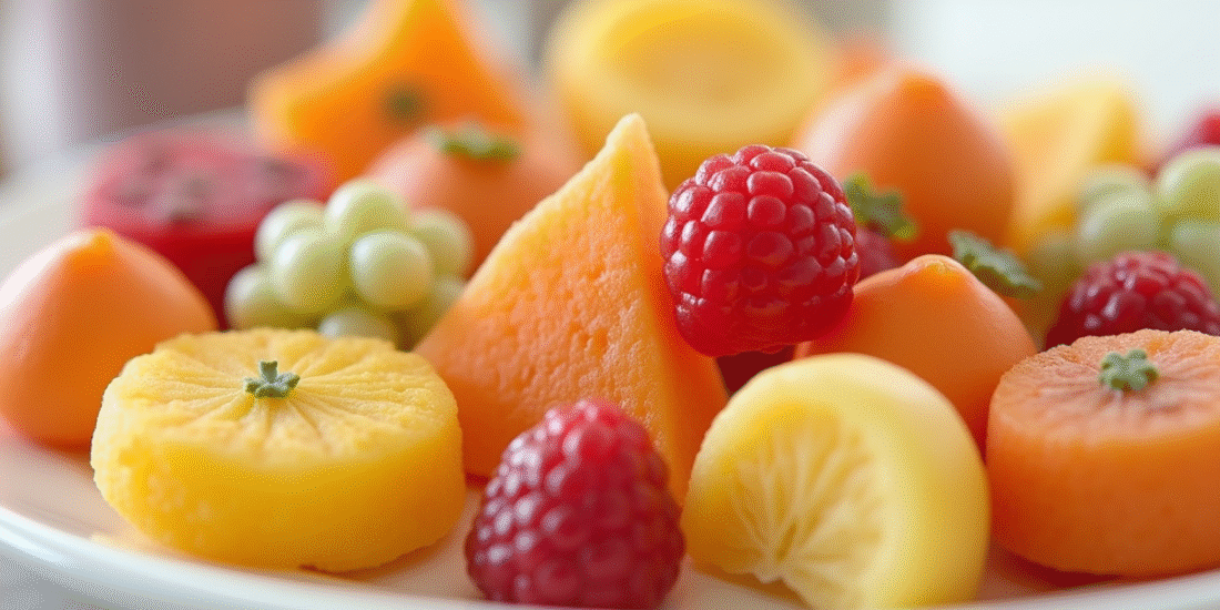 Fruits en marzipan colorés sur une assiette blanche