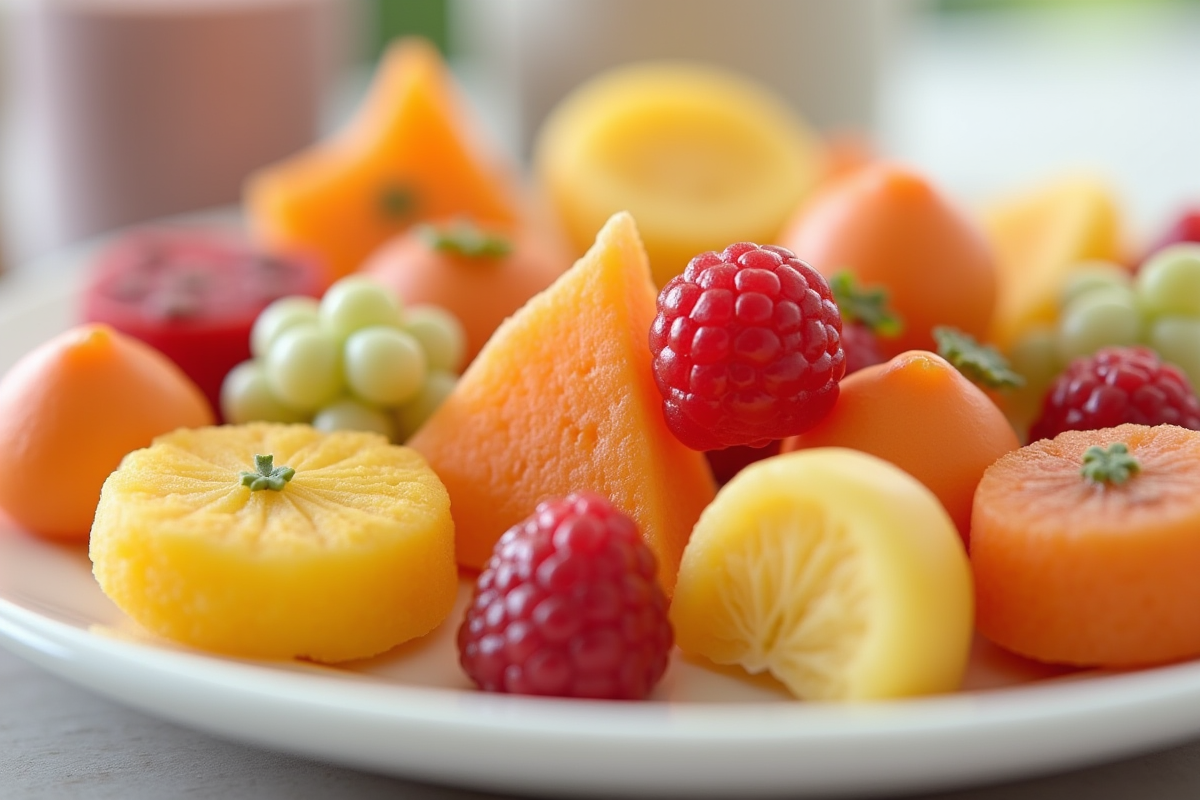 Fruits en marzipan colorés sur une assiette blanche
