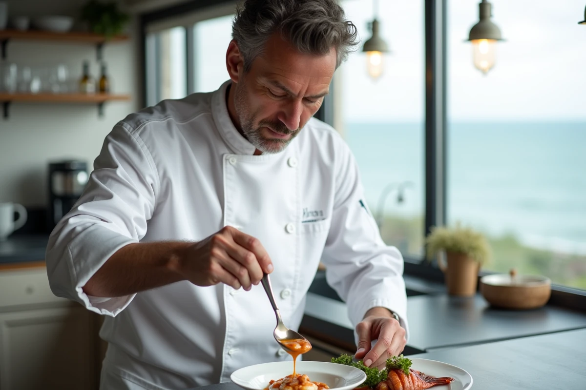 Mathieu Guibert, chef du restaurant Anne de Bretagne à La Plaine-Sur-Mer, finissant un plat de fruits de mer