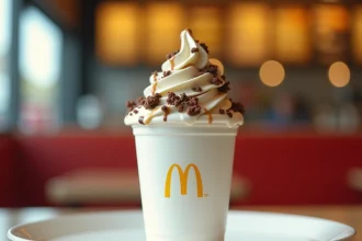 McFlurry McDonald's servi sur un plateau dans un restaurant fast food, texture crémeuse et sauce chocolat visible en gros plan