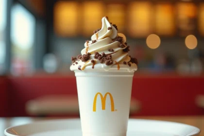 McFlurry McDonald's servi sur un plateau dans un restaurant fast food, texture crémeuse et sauce chocolat visible en gros plan