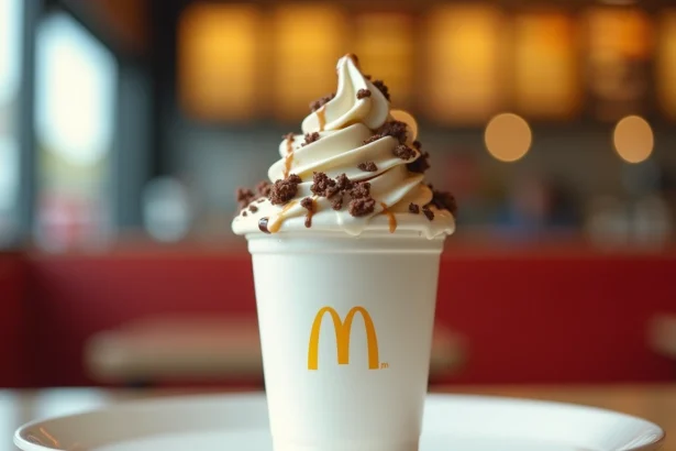McFlurry McDonald's servi sur un plateau dans un restaurant fast food, texture crémeuse et sauce chocolat visible en gros plan