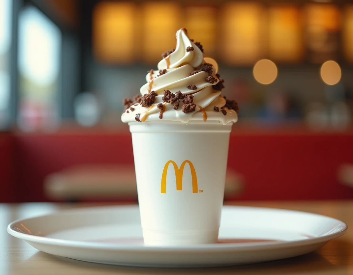McFlurry McDonald's servi sur un plateau dans un restaurant fast food, texture crémeuse et sauce chocolat visible en gros plan