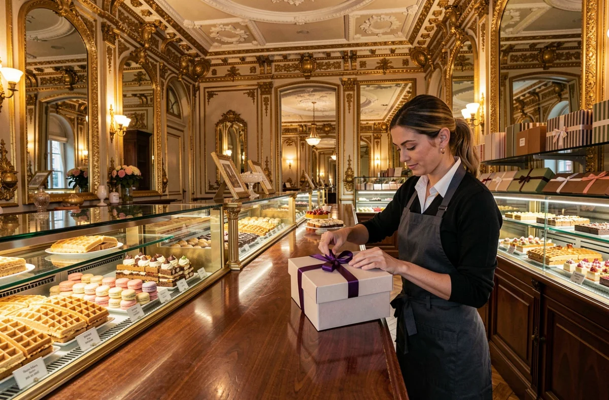 Intérieur historique de la maison Méert à Lille avec gaufres et pâtisseries en vitrine