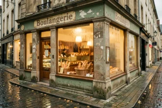 Devanture d'une boulangerie traditionnelle dans les Hauts-de-France avec baguettes et façade en pierre