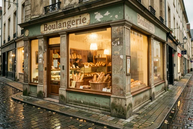 Devanture d'une boulangerie traditionnelle dans les Hauts-de-France avec baguettes et façade en pierre