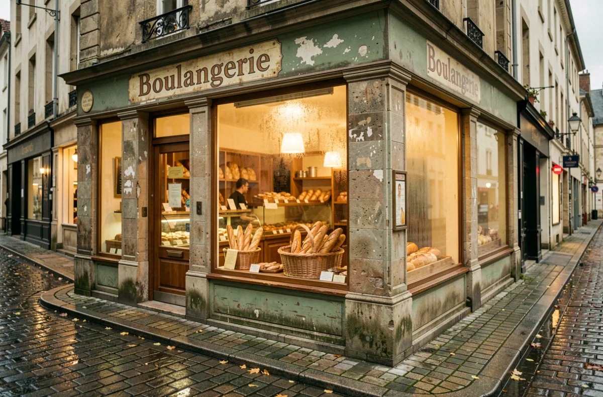 Devanture d'une boulangerie traditionnelle dans les Hauts-de-France avec baguettes et façade en pierre