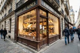 Devanture d'une boulangerie parisienne typique avec des baguettes et viennoiseries exposées en vitrine, rue pavée en arrière-plan