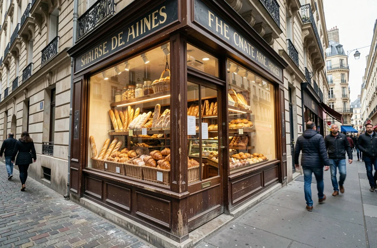 Devanture d'une boulangerie parisienne typique avec des baguettes et viennoiseries exposées en vitrine, rue pavée en arrière-plan