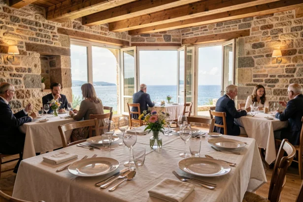 Salle de restaurant gastronomique en Loire-Atlantique avec vue sur la côte atlantique et table dressée avec soin