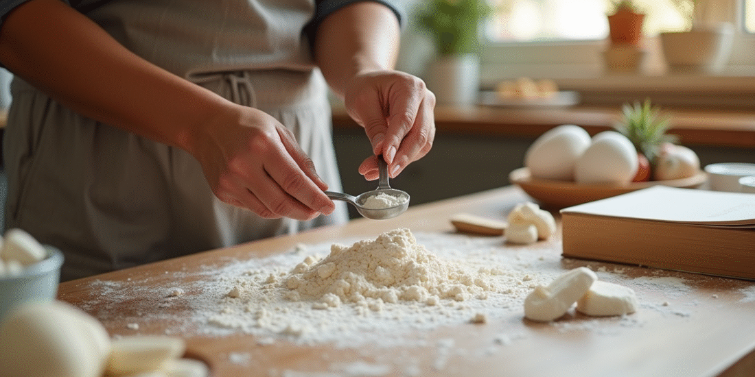 Mains mesurant de la farine avec une cuillère dans une cuisine lumineuse