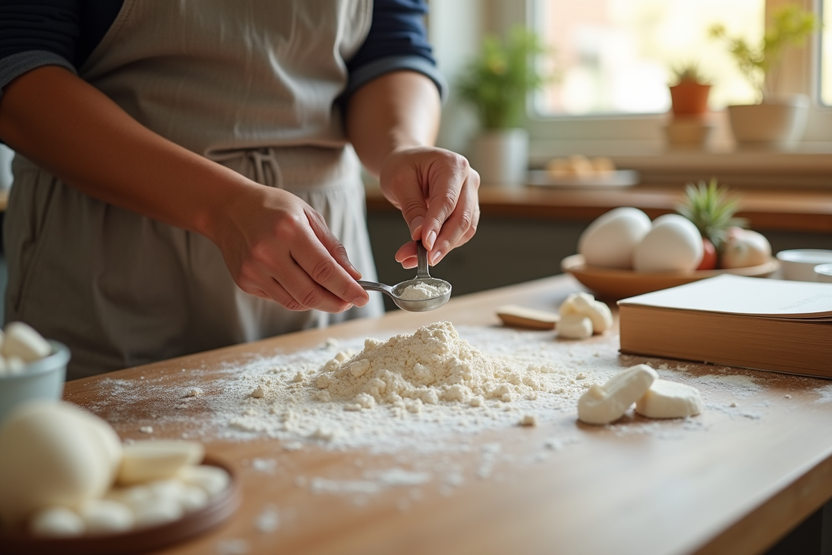 Mains mesurant de la farine avec une cuillère dans une cuisine lumineuse