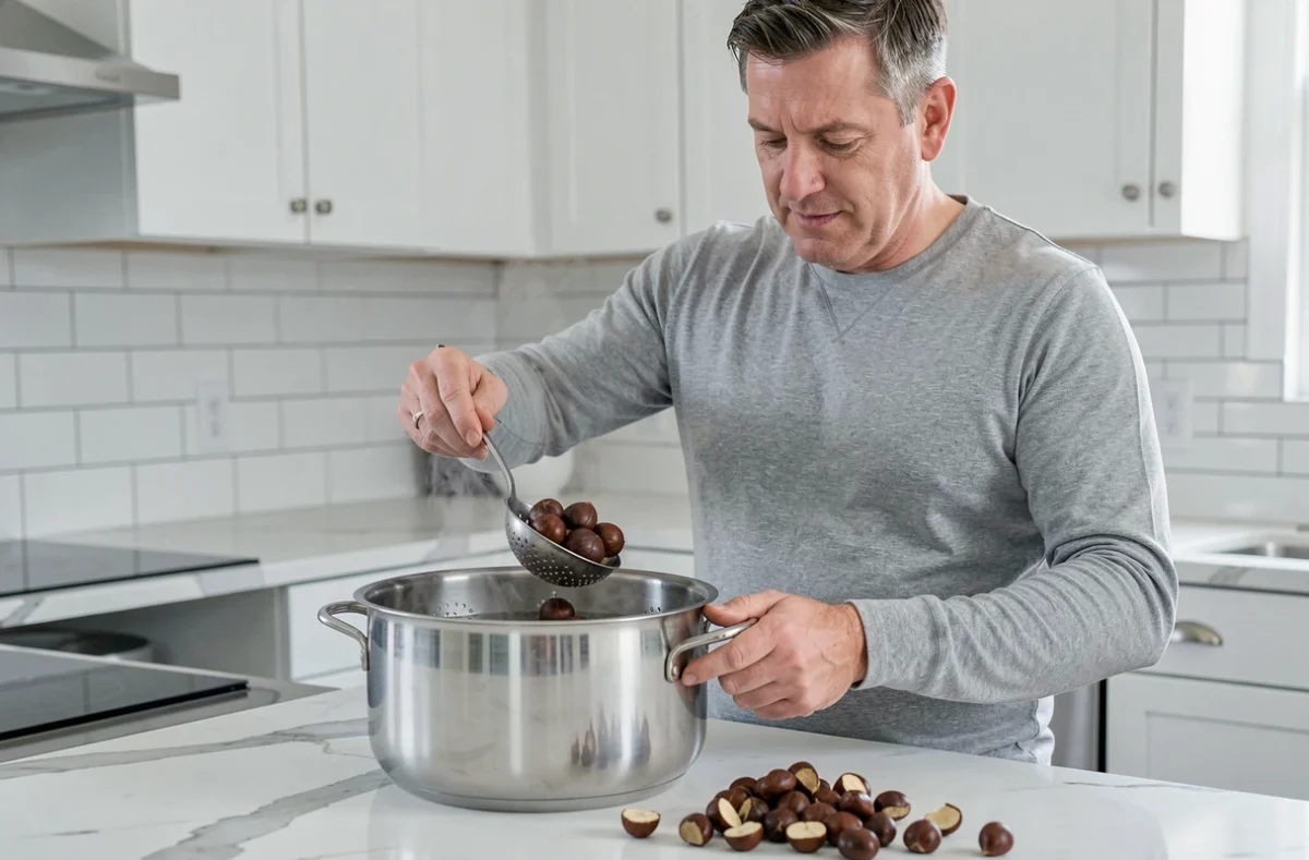 Homme faisant bouillir des châtaignes dans une casserole pour faciliter l'épluchage dans une cuisine moderne