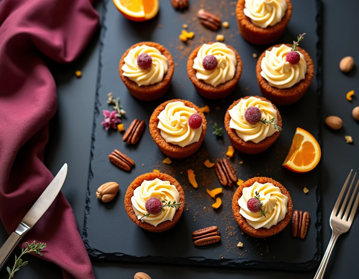 Vue de dessus de mini gâteaux à la patate douce décorés de glaçage épicé et de canneberges sucrées sur une ardoise pour les fêtes